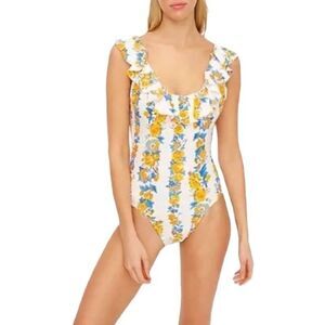 J. Crew Ruffle Scoop Back Blossom Stripe One-Piece Yellow Blue Floral Swimsuit 2